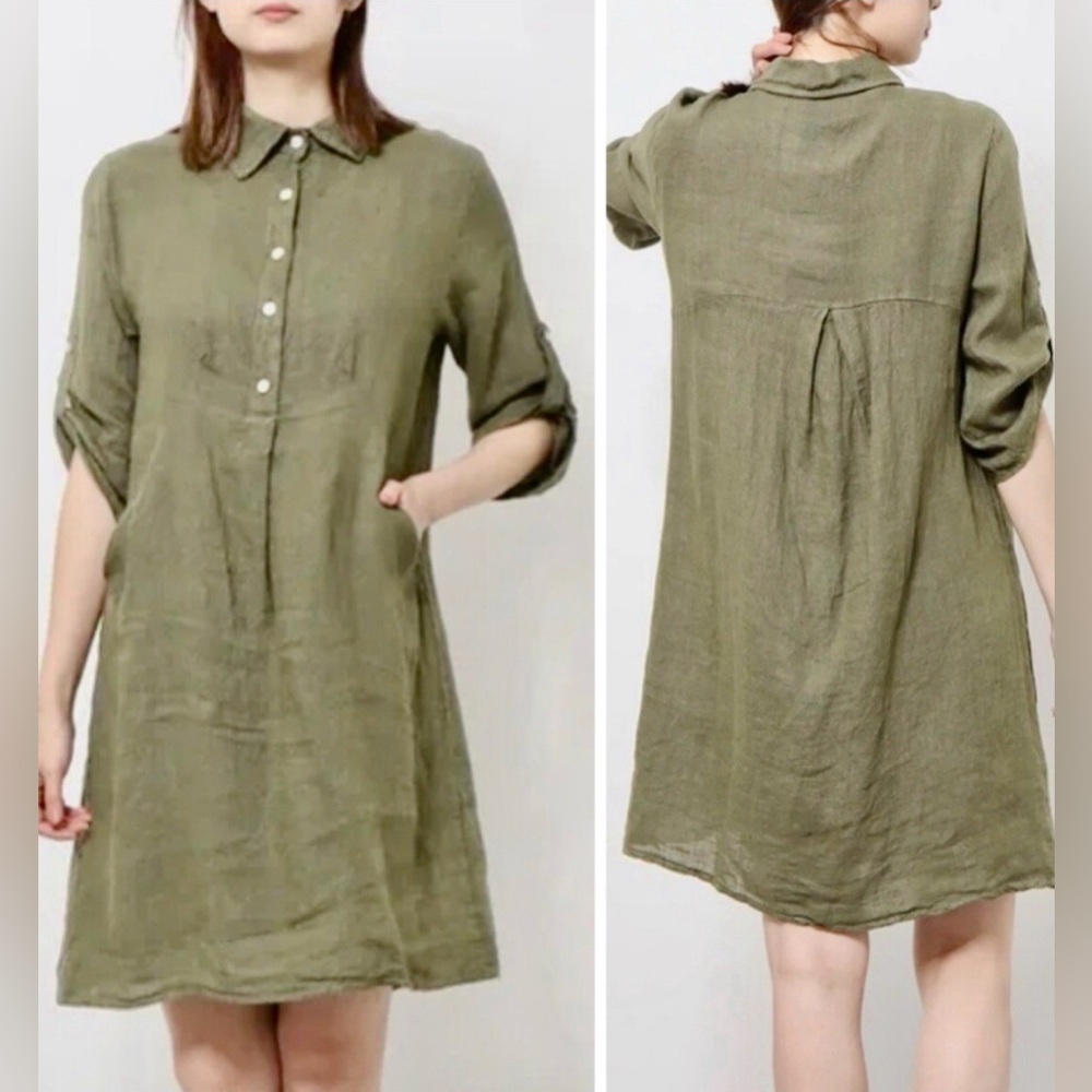 Elena Baldi Womens Olive Green Linen Shirt Dress Size S Italian Minimalist Chic‎
